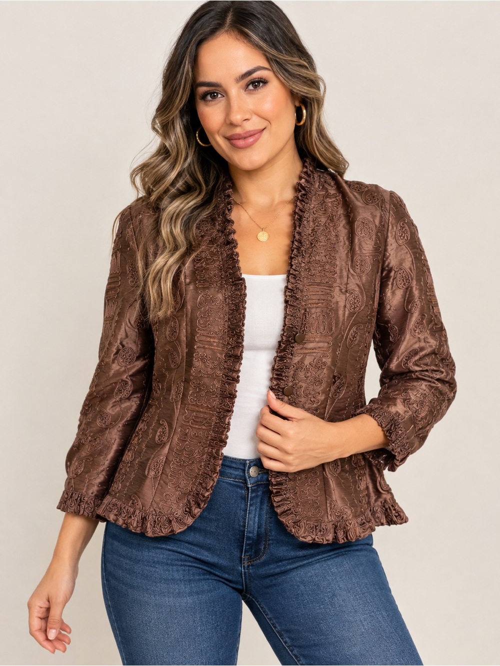 Agora Women's Brown Textured Ruffled-Trim Blazer